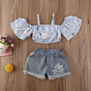 

Children Clothes Sets Summer Casual Thin Cotton Cool Off Shoulder Floral Sleeve Tops Blouse+Denim Shorts Suits Kids Costume Set