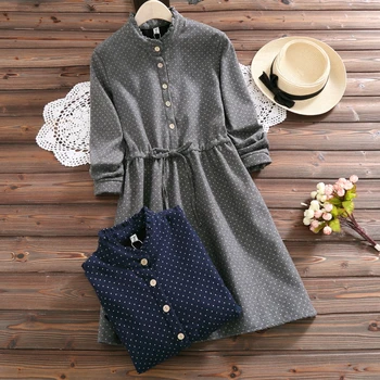 

Women Vintage Dotted Dress Ruffle Stand Collar Spring Autumn Dress GREAY/NAVY BLUE