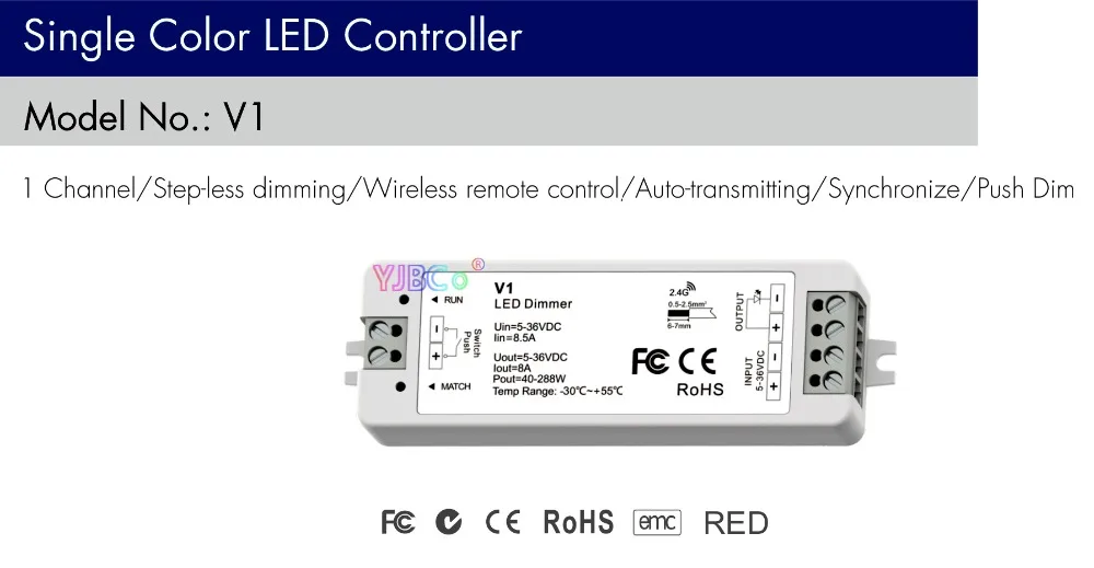 DC5V 12V 24V 36V 2.4G single color RF Push Dim Dimming led Controller 1CH*8A dimmer V1 receiver for single color led strip light