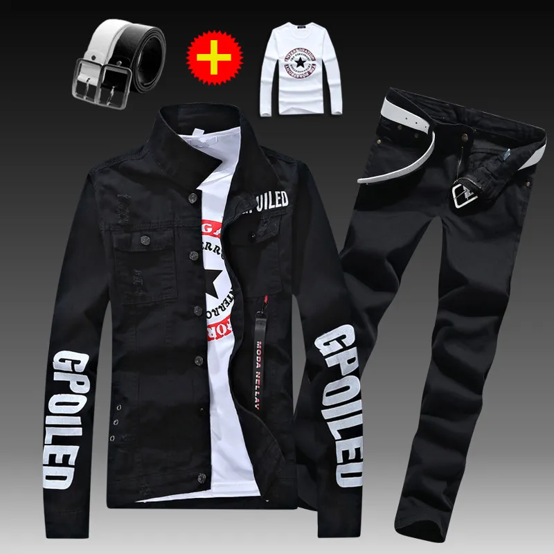 Men's Slim Fit Denim Jacket Pants 2pcs Set Long Sleeve Coats Letters Printed Casual Large Size Black White Red Boys Trousers Men's Slim Fit Denim Jacket Pants 2pcs Set Long Sleeve Coats Letters Printed Casual Large Size Black White Red Boys Trousers