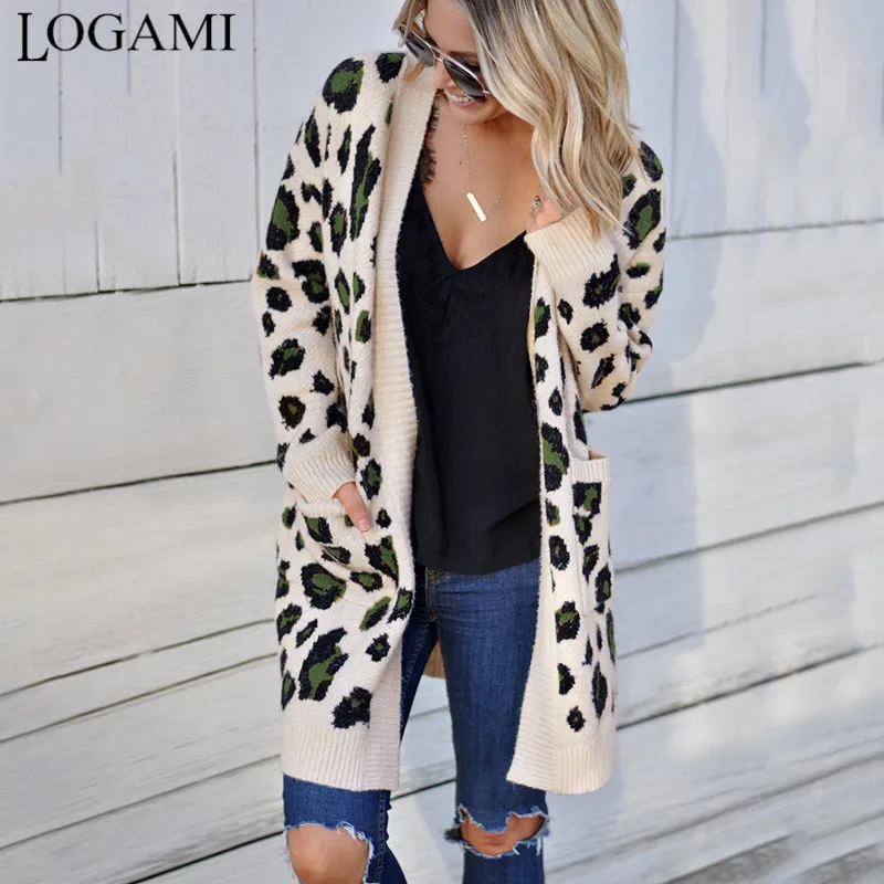 Длинный леопардовый кардиган LOGAMI женские свитера с длинным рукавом на осень и