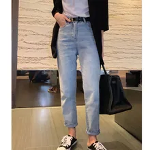 Горячая Распродажа Мода осенние джинсы с высокой талией Прямые джинсы женские винтажные свободные однотонные брюки кэжуал с карманами джинсовые брюки