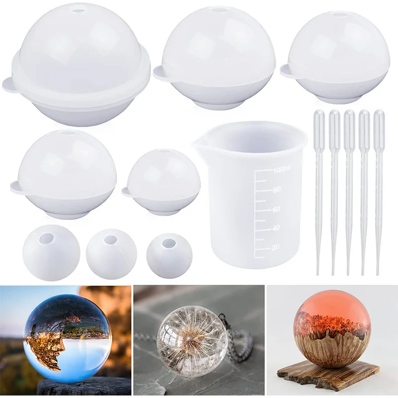 DIY Crystal Epoxy Mirror All-in-one Ball Silicone Mould Set Silicone Measuring Cup Mixing Stick For Resin Mold Jewelry Making