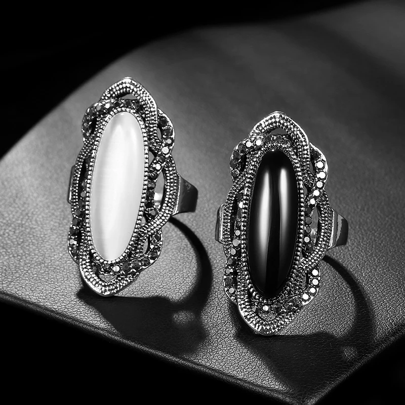 Finger Ring Silver Ring Bohemian Black Stone Ring Silver Color Mosaic AAA Gray Crystal Big Oval Rings For Women Vintage Jewelry finger ring silver ring