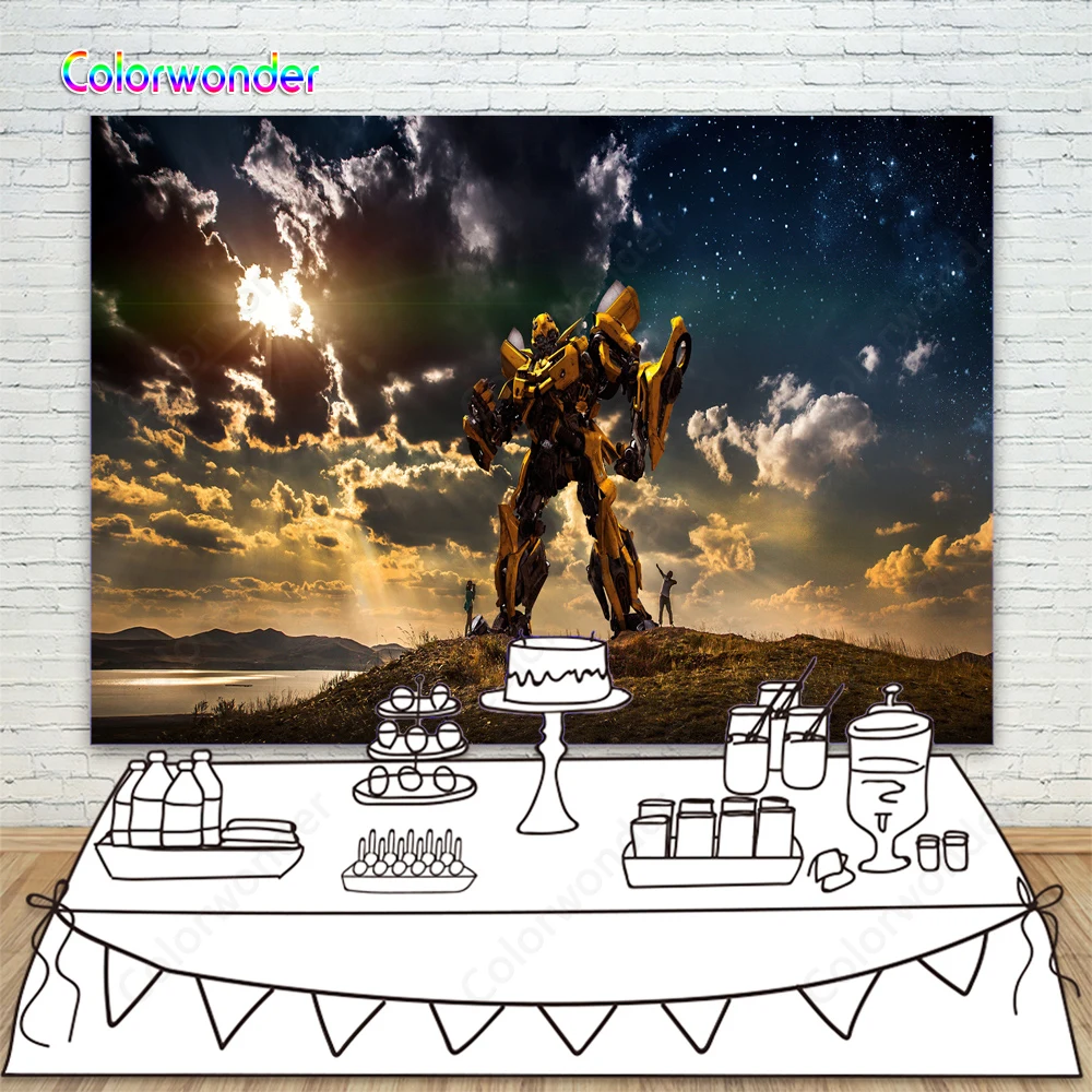 

Transformers Dark of the Moon Photography Backdrop Cool Bumblebee Stand On River Background For Kids Boy Birthday Party Decor