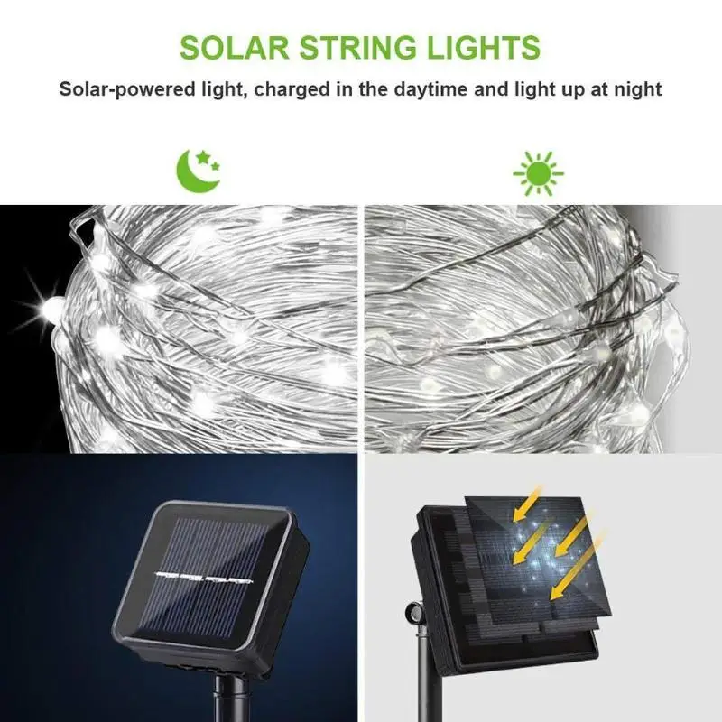10m 15m 20m Copper Wire Waterproof Solar LED Outdoor String Lights Decoration Low Power Consumption High Brightness