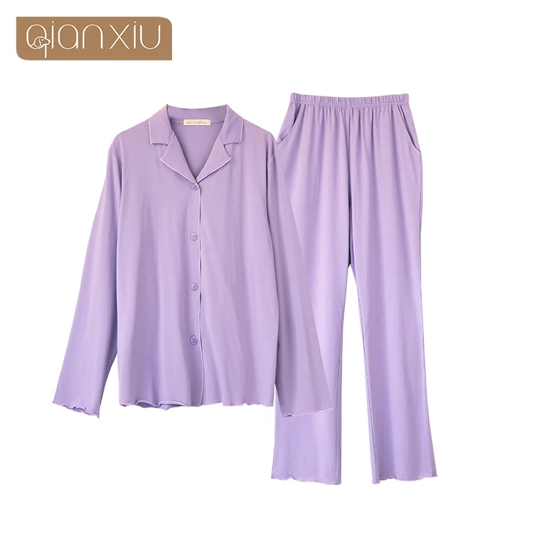 Autumn New Ladies'Cotton Open-lapel Long Sleeve Sleepwear Suit - Color: purple