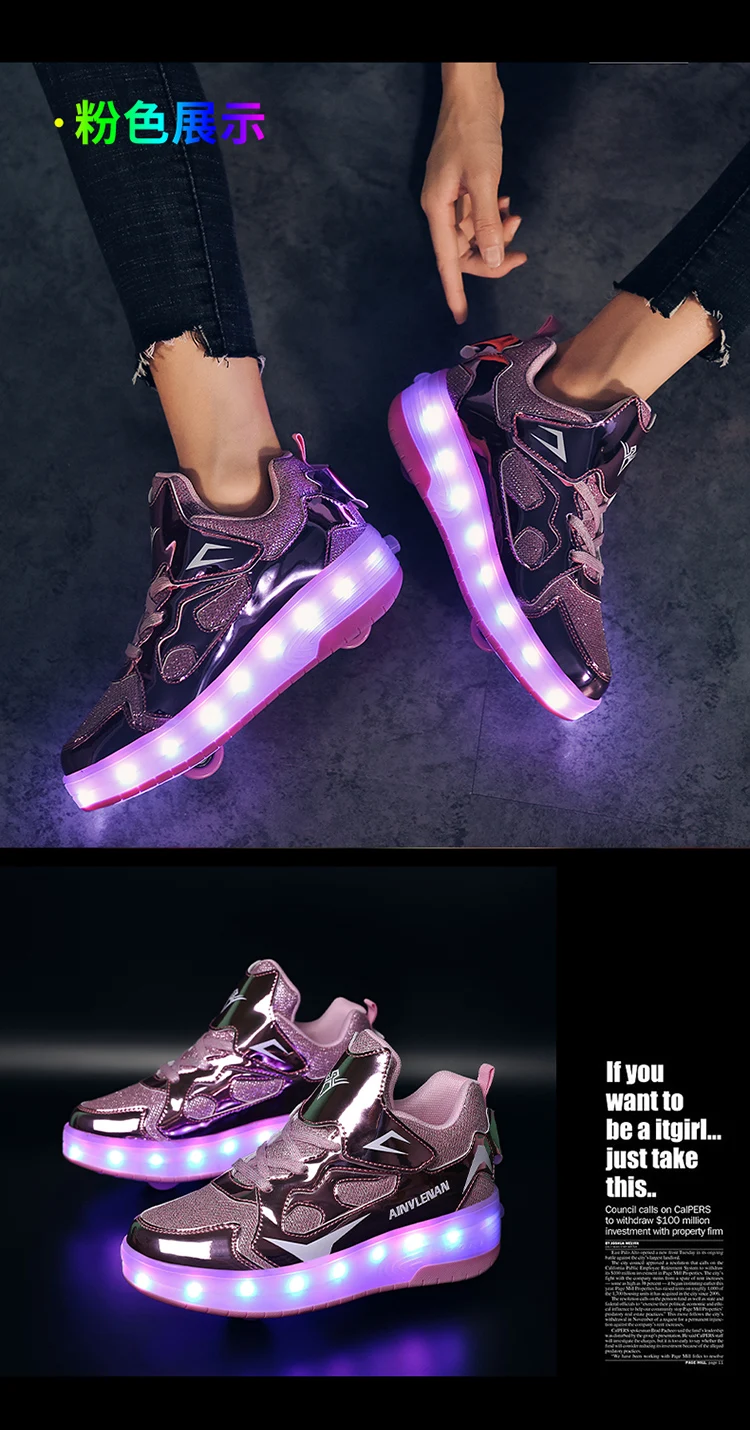 Children Two Wheels Luminous Glowing Sneakers Black Pink Red Led Light Roller Skate Shoes Kids Led Shoes Boys Girls USB Charging girls shoes