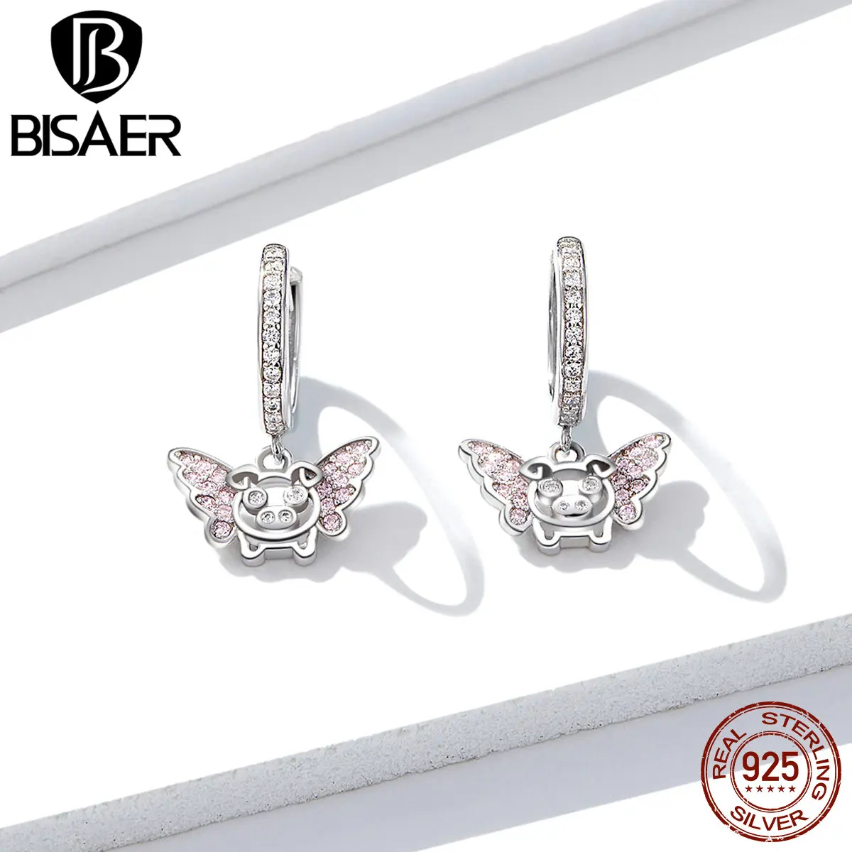 BISAER, серьги-кольца для женщин, настоящее 925 пробы, серебряные, милые, летающие, свинка, серьги, Настоящее серебро, корейская мода, ювелирное изделие HVE224