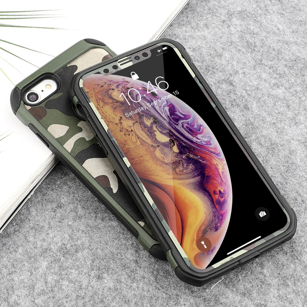 Камуфляжный защитный чехол для iPhone 11 Pro Max Xr X Xs 8 Plus 7 6S 6 5 5S SE, чехол для телефона 360, противоударное закаленное стекло