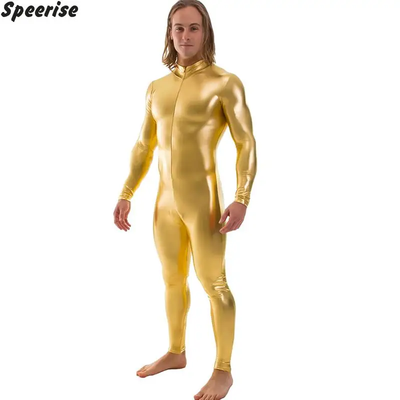 Shiny Metallic Zentai Bodysuit Men Long Sleeve Front Zip Unitard Costumes Ballroom Performer Nightclub Onstage Dancewear