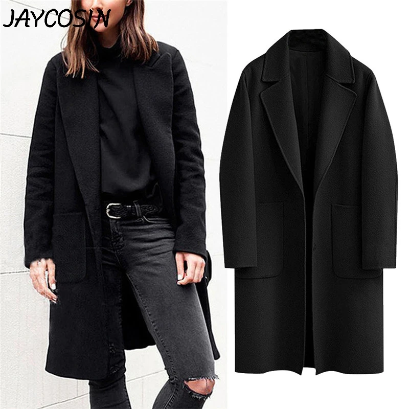

JAYCOSIN Plus Size Women Woollen Coat Lapel Pockets Long Trench Jackets Solid Coat Overcoat Loose Parka Outwear casaco feminino