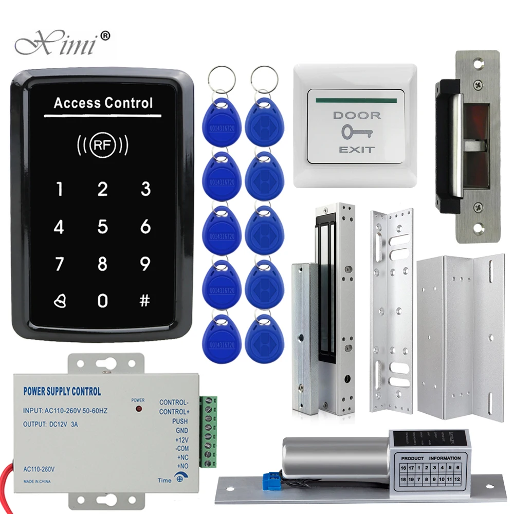 RFID Access Control System Kit Frame Glass Door Set+Electric 180KG Magnetic Lock+10 Keytab+Power Supply+Exit Button