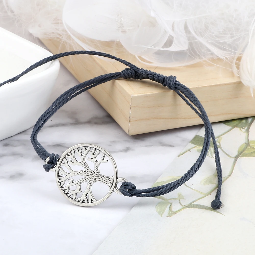 26Colors Wax Thread Braided Bracelets Charm Silver-Color Tree of Life String Bracelet Adjustable Bangles Friendship Gift Jewelry 3