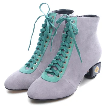 

Plus size 34-43 women's genuine suede leather thick high heel autumn ankle boots mix color patchwork lace-up short booties shoes