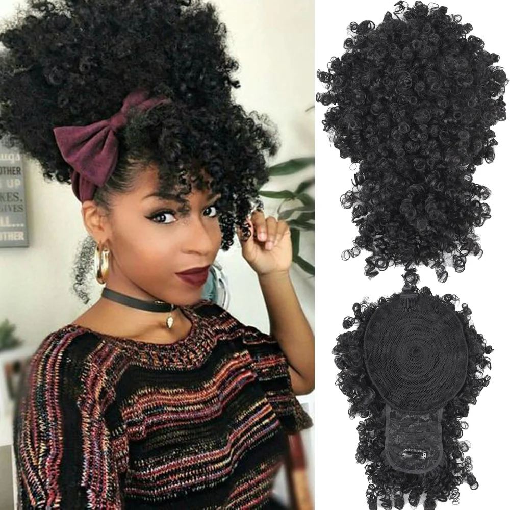 Silike Short Kinky Curly Chignon With Bangs Synthetic Hair Bun Drawstring Ponytail Afro Puff Hair pieces For Women