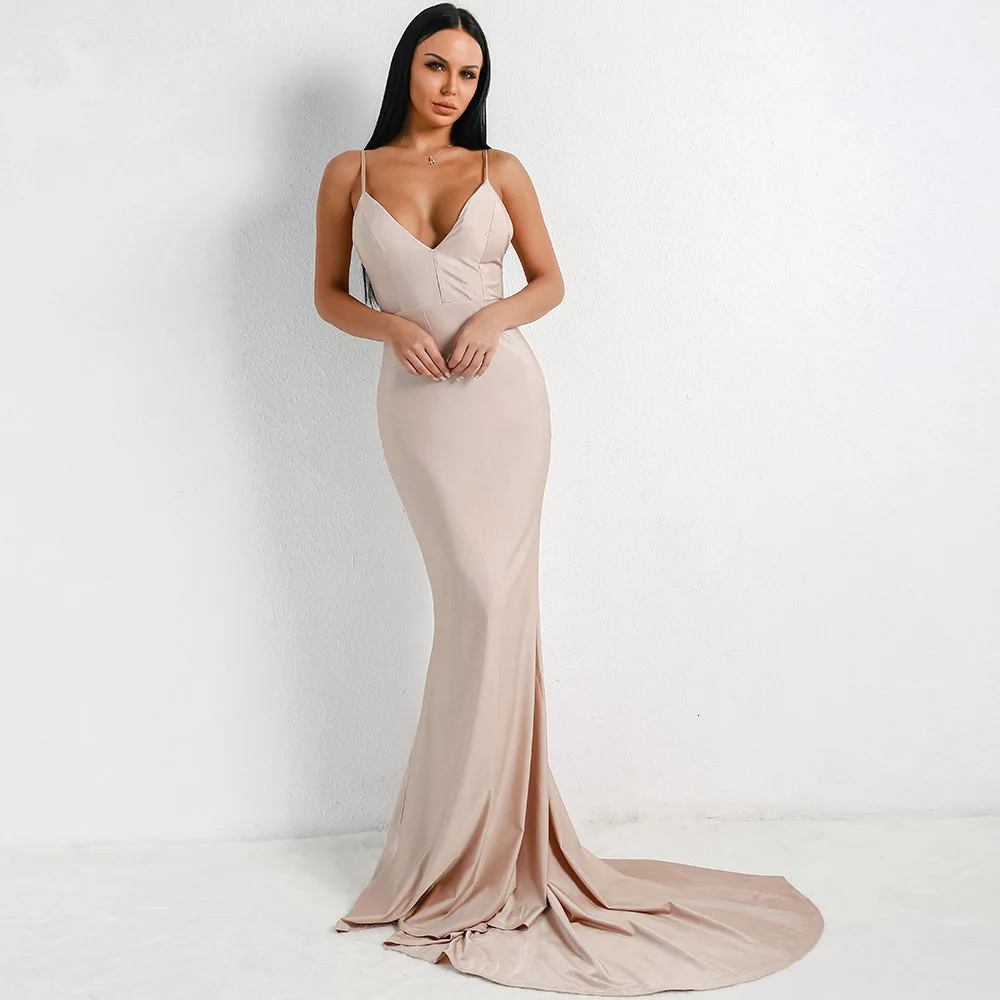 

BacklakeGirls High Quality Sexy V Neck Spaghetti Strap Long Mermaid Prom Party Formal Dress Floor Length Satin Evening Dress