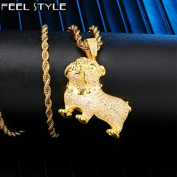 

Full Iced Out Bling Pit Bull Dog Necklace Rhinestone Rope Chain Gold Color Pendants & Necklaces For Men Hip Hop Jewelry
