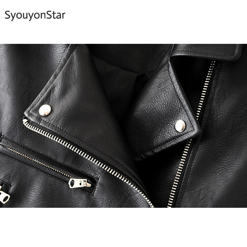 SyouyonStar женское черное кожаное пальто Зимние Куртки из искусственной кожи с отложным воротником kurtka skorzana