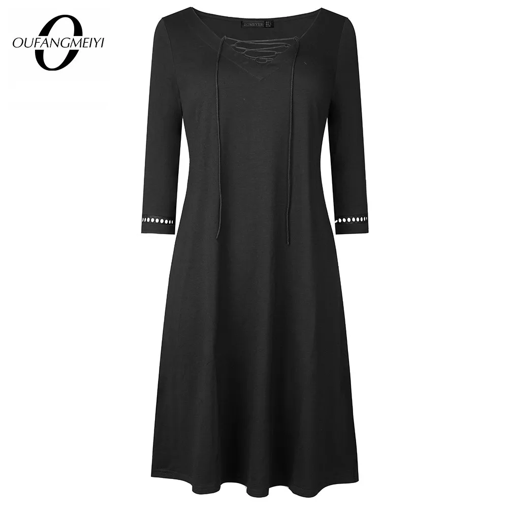 

Spring Women Classy Solid Black Color Dresses Casual Loose Day Dress 1ET018