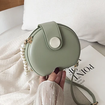 

Elegant Female Round Bag 2020 Summer New Quality PU Leather Women's Designer Handbag Pearl Chain Shoulder Messenger Bag Purses