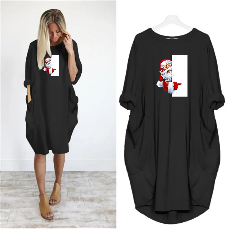Navidad Women Dress Christmas Pocket Casual Loose Vintage Party Fall Clothes Santa Claus Kawaii Womens  Dresses