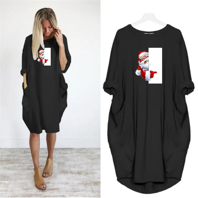 Navidad Women Dress Christmas Pocket Casual Loose Vintage Party Fall Clothes Santa Claus Kawaii Womens  Dresses D002M542 Black