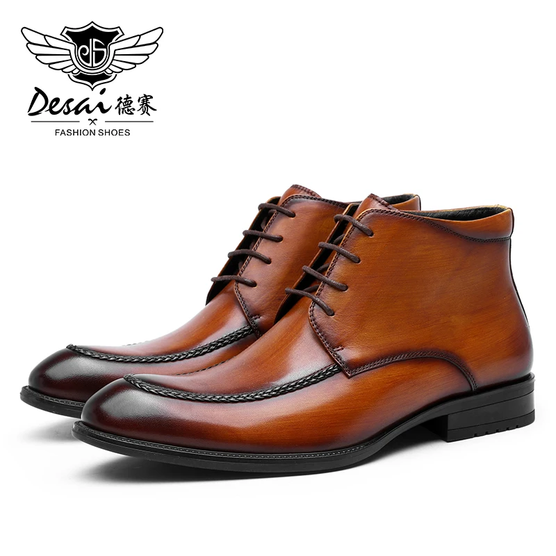 DESAI, botas con cordones para hombre, zapatos de cuero genuino para hombre, calzado Casual de invierno, botas de oficina transpirables británicas de alta calidad para hombre