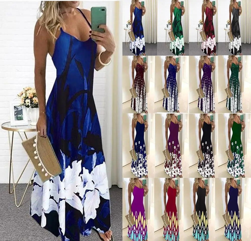 Lossky Vintage Floral Print Dress Sexy Spaghetti Strap V Neck Long Dresses Women Summer Beach Party Tunic Plus Size 5XL | Женская одежда