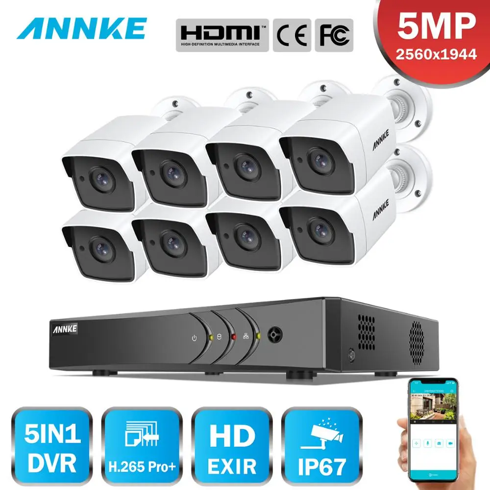 ANNKE 8CH 5MP Ultra HD CCTV sistema de cámara 5 en 1 H.265 + DVR con 8 Uds 5MP TVI impermeable blanco sistema de vigilancia de seguridad Kit