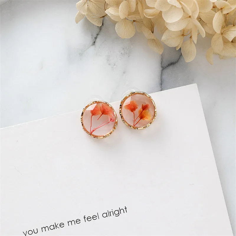 

Korean Transparent Crystal Dried Flower Stud Earrings Simple Round Geometric Earrings for Women Wedding Jewelry