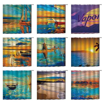 

Beautiful Sunset Coastline Painting Shower Curtains Bright Colors Waterproof Polyester Bath Curtain with Hooks Bathroom Decor