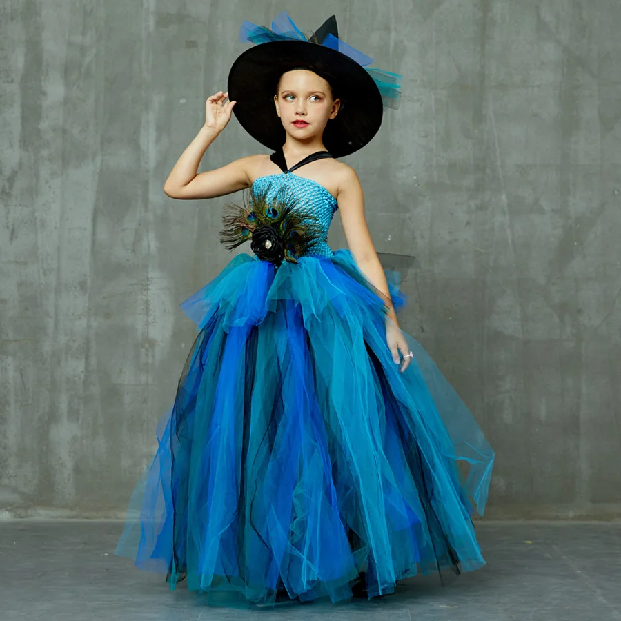 Girls Deluxe Peacock Feather Tutu Dress with Witch Hat Children Fancy Purim Pageant Birthday Party Costume Kids Prom Ball Gown (12)