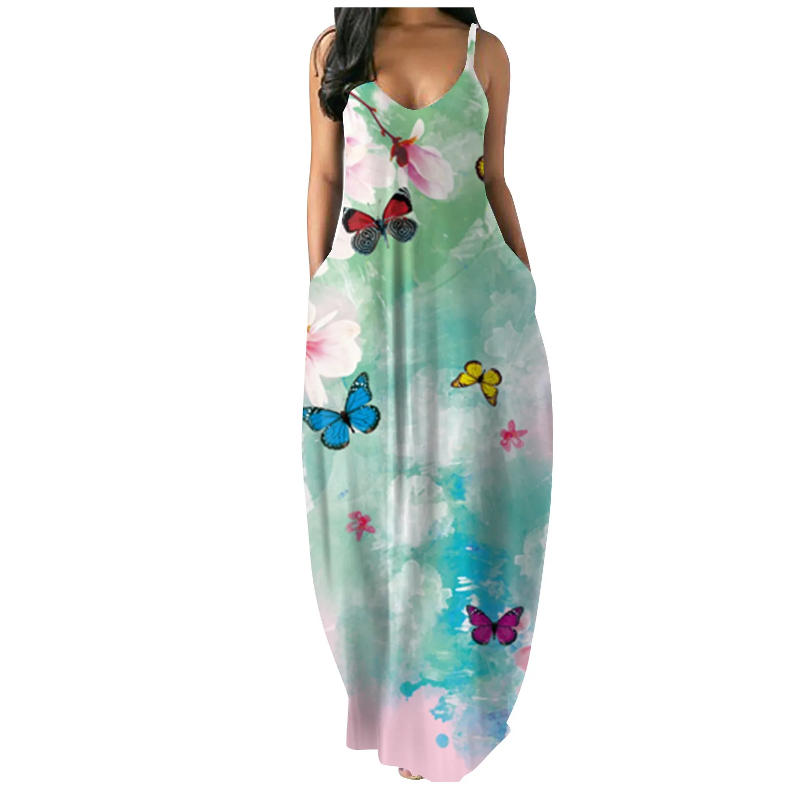Dress Women's fashion sexy women's butterfly do print sexy deep V halter long dress Female Casual Sundress Floor-Length Vestido 2