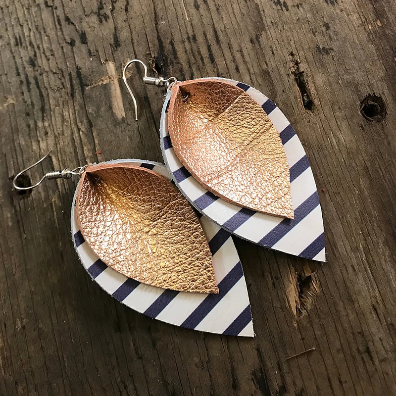 Double Layer Glitter Colorful Striped Teardrop Earrings Rose Gold Leather Blue And White Stripes Large Leaf Earrings Stock