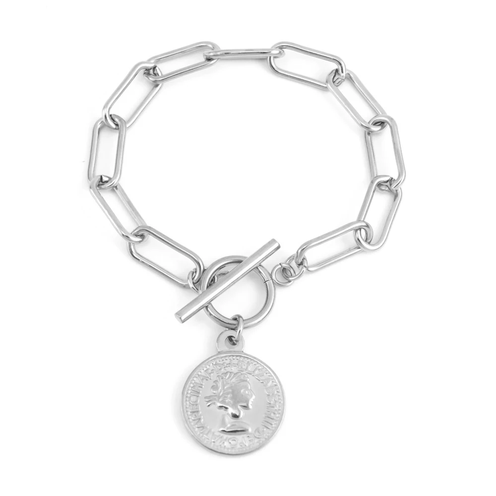 Long O-coin-silver Risul, длинные, с круглым вырезом, монета, браслеты с подвесками для женщин, серебро/золото, цвет, нержавеющая сталь, сделано, браслеты, mujer - Окраска металла: Long O-coin-silver