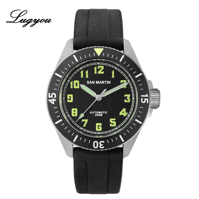Black With Logo Lugyou San Martin Diver Watch Stainless Steel Automatic Ceramic Rotating Bezel 200m Water Resistance Rubber Band Luminous Dial - Color: Black With Logo
