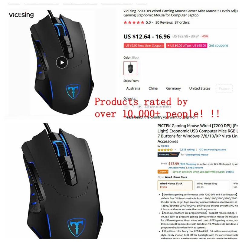 PICTEK 7200 dpi Проводная игровая мышь, геймерские мыши, Mause, 5 уровней, Регулируемая игровая эргономичная мышь для компьютера, ноутбука