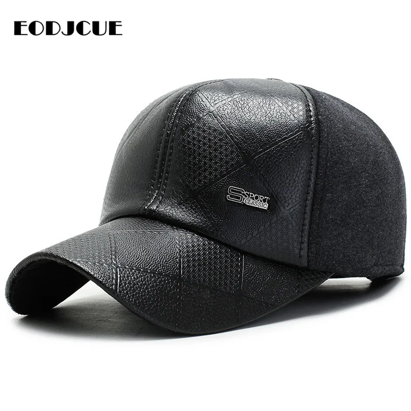 Бейсбольная кепка из искусственной кожи для мужчин, зимние теплые шапки, Мужская бейсболка, кепка для папы, регулируемые шапки с защитой ушей Gorras