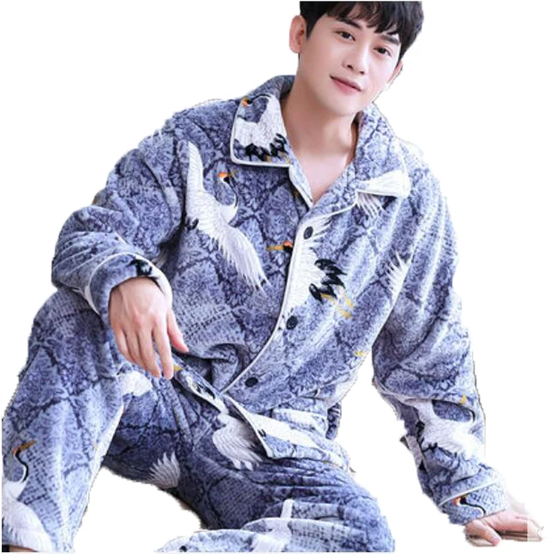 Китайский дракон Пижама мужской кардиган с длинными рукавами Мужская пижама комплект Мужская Толстая теплая Фланелевая Пижама для мужчин костюм для сна домашняя одежда