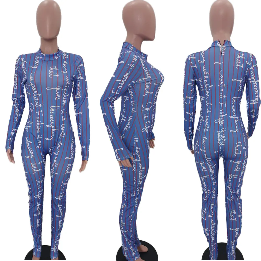 Fashion o neck women letter print jumpsuit long sleeve sexy bandage romper women jumpsuit female sexy body femme