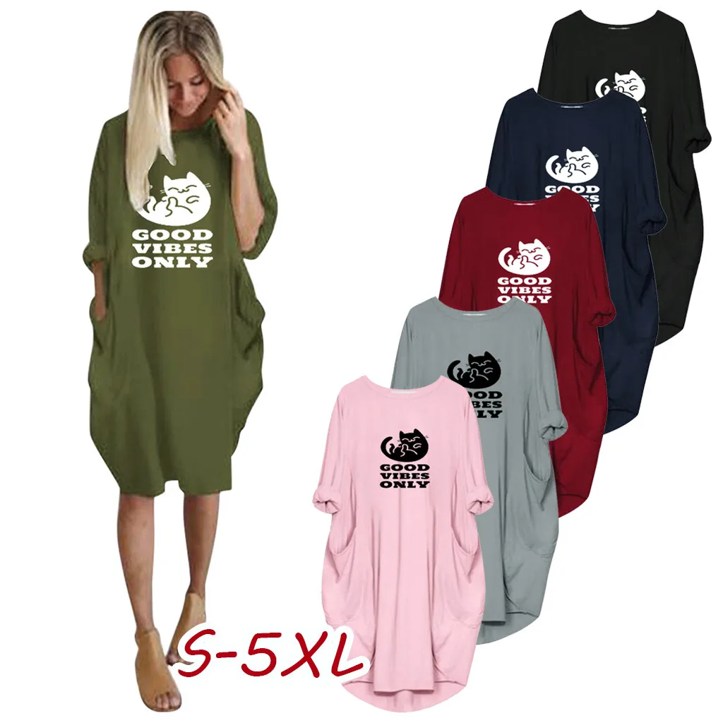 

Women Mini Dress Ladies Oversized Baggy Long Sleeve Pocket Pullover Mini Dress Female Cute Cat Printing Dresses Jumper #40