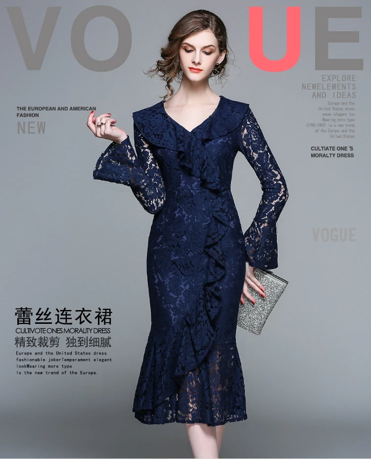 AliExpress, стиль, женское платье, 2019v воротник, гофрированный подол, рукав-колокол, одноцветное кружевное платье с юбкой-годе