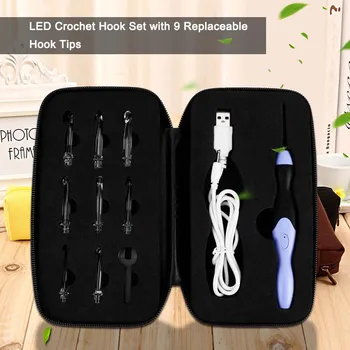 

9-in-1 USB LED Light Up Purple Crochet Hooks Knitting Needles Set Weave Tool Kit DAG-ship