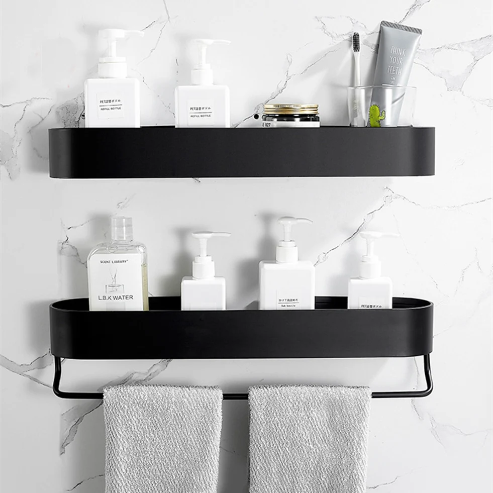 Shower Caddy Black Bathroom Shelf with Bar 304050cm Kitchen Balcony Floating Shelves Basket Bath Storage Rack Towel Bar