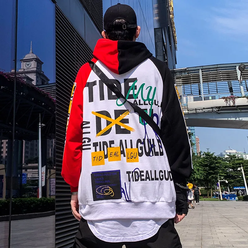 

Aolamegs Hoodies Men Multi-Letter Printed Pullover Oversize Color Block Hooded Sweatshirt Lover All-match High Street Streetwear