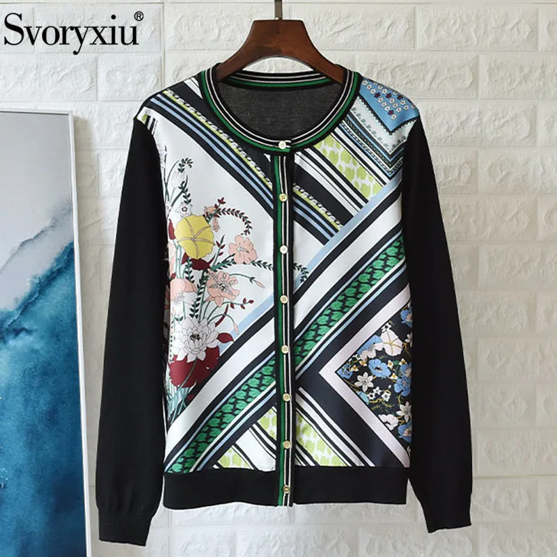 

Svoryxiu Designer High End Silk Print Patchwork Wool Knitting Cardigan Women's Long Sleeve Autumn Vintage Cardigan Sweater Coat