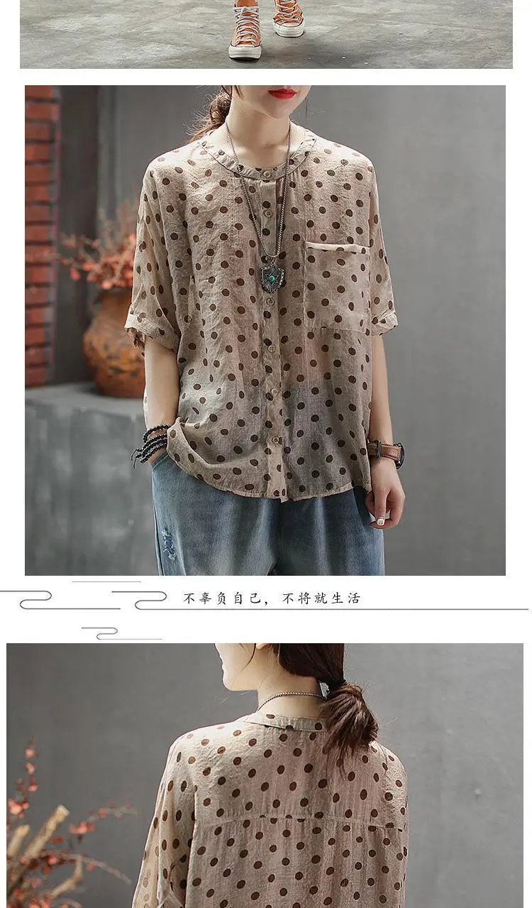 womens shirts Plus Size Shirt Women Summer Loose Casual Tops New 2020 Korean Style Vintage Polka Dot Cotton Linen Woman Blouses Shirts P788 ladies white shirt