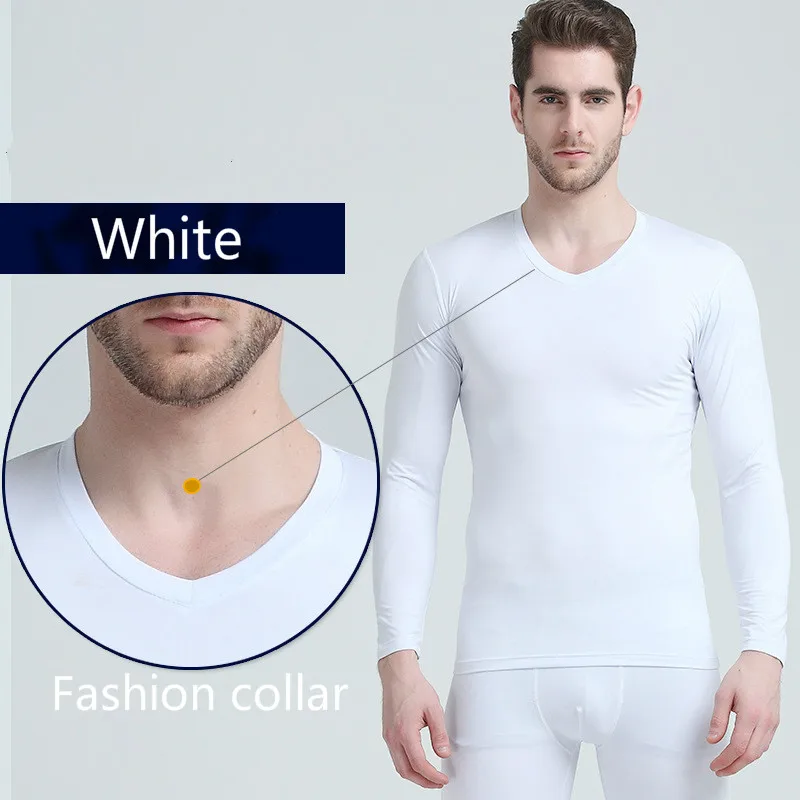 White Мужские кальсоны бесшовные Зимние Теплые Топы и штаны комплект из 2 предметов пуловер термобелье костюмы для мужчин размера плюс L-4XL - Цвет: White