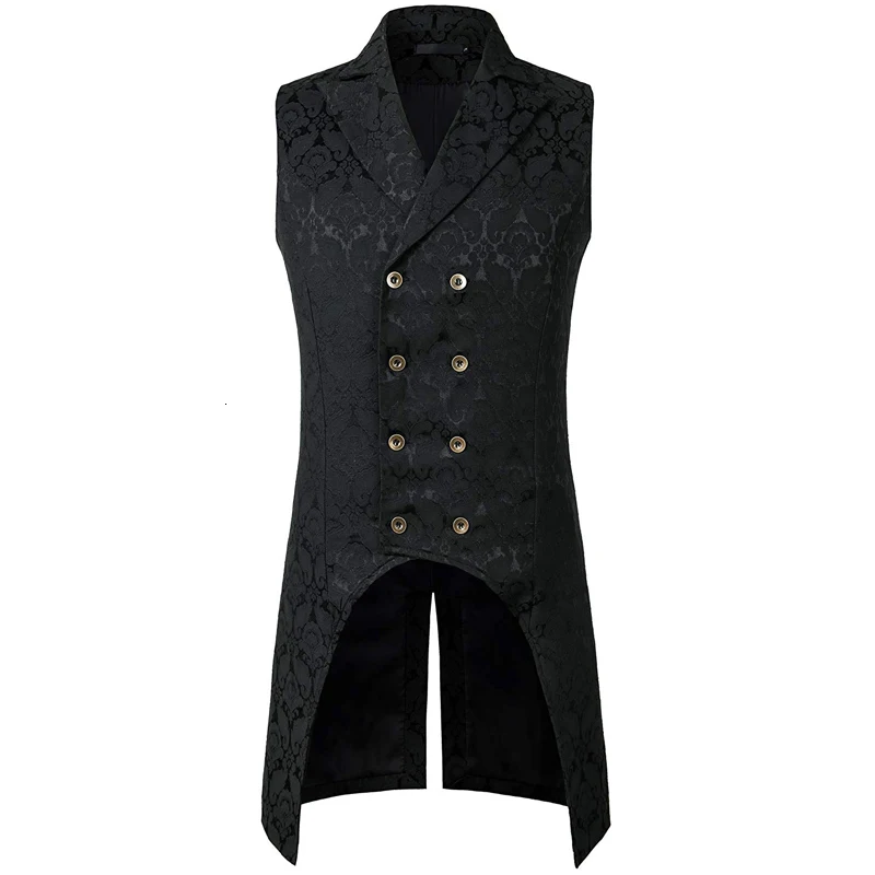 Mens Black Gothic Steampunk Slim Fit Vest Medieval Jacquard Double Breasted Waistcoat Male Stage Prom Cosplay Costume M3058